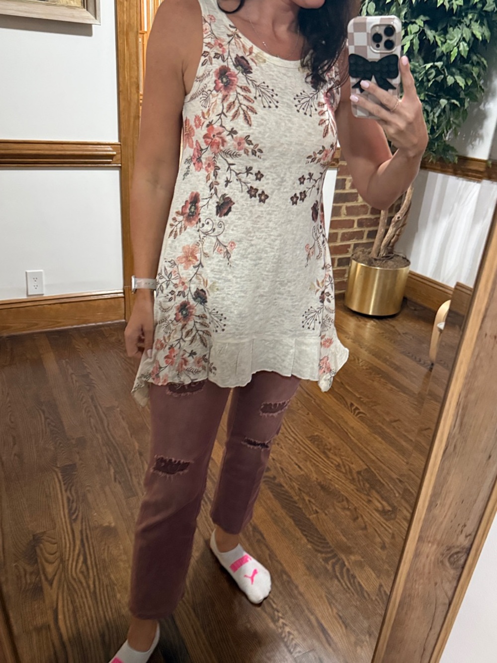 Blu Pepper Cream Floral Lace-Trim Tank Top with Pink Floral Accents
